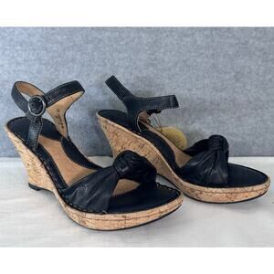 Born NWT Women's sz 8 Black Leather Knot Platform Wedge Ankle Strap Cork Heel